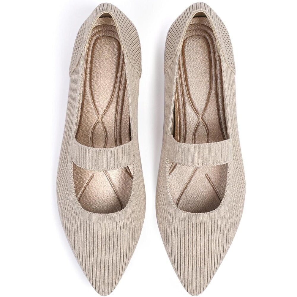 Women's Beige Knit Closed Pointed Toe Comfortable Washable Ballet Flats Shoes